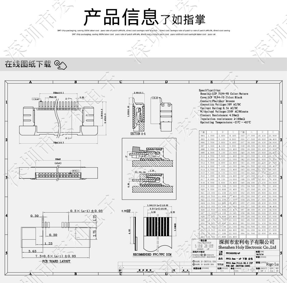 FFC/大香蕉国产在线视频 軟排線插座 0.5mm間距-45P 下接拉鎖 45Pin 抽屜式